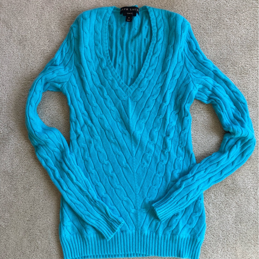 Ralph Lauren Black Label cashmere 100% Cable V-neck blue sweater